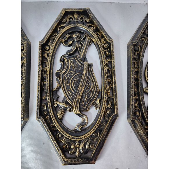 Vintage Homco Bronze Gold Coat Of Arms Wall Plaque Set Medieval Renaissance MCM - Picture 3 of 8